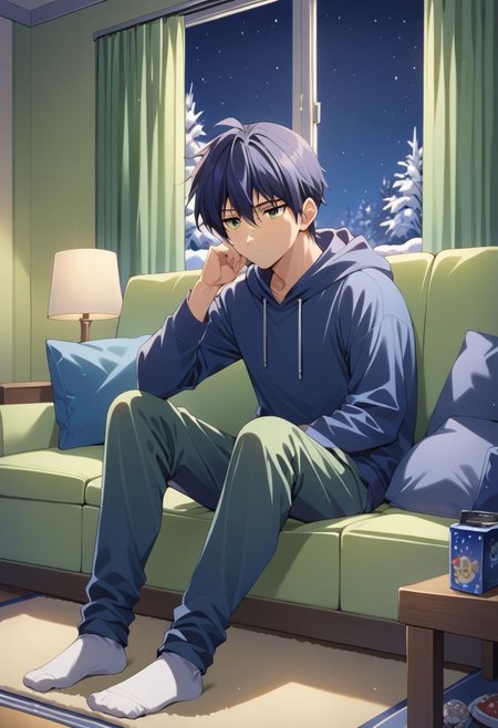 score_9, score_8_up, score_7_up, source_anime, highly detailed,
Tomoya Okazaki / Clannad, 1boy, solo, male focus, 
indoor, living room, tv on, sofa, pillow, hoodie, long pants, white socks, watching tv, bored, tv on, televion on, night, snow,