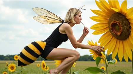 cinematic photo a (25 year old girl:1.5), she has huge bee wings attached to her back and bee antennae attached to her head, she's wearing a( black and yellow:1.2) horizontally striped figure hugging lycra minidress, the dress has a human sized (fuzzy bee abdomen attached sticking out at the butt:1.3)
she has blonde hair in a bob cut, she has a slim figure and long legs, she has medium sized breasts
she's hovering in midair in front of a enormous flower, the flower is bigger than the girl, ready to drink it's nectar through a long straw, the straw is held in her hand with the end (stuck into the flower:1.3)
she's in a meadow of enormous wild flowers,, score_9, score_8_up, score_7_up, hyperdetailed, hyperrealistic,  best quality, (masterpiece:1.3),high-definition, intricate details, volumetric lighting, symmetrical face, level eyes, . 35mm photograph, film, bokeh, professional, 4k, highly detailed