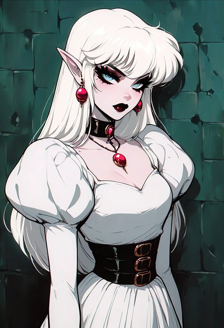(masterpiece, best quality, good quality, very aesthetic, absurdres),    1girl, solo, eyelashes, (beautiful eyes),   1girl, solo, long hair, breasts, looking at viewer, bangs, blue eyes, long sleeves, jewelry, closed mouth, upper body, white hair, earrings, choker, pointy ears, puffy sleeves, belt, necklace, collar, colored skin, lipstick, juliet sleeves, elf, wall, long hair, looking at viewer, blue eyes, long sleeves, closed mouth, upper body, white hair, pointy ears, puffy sleeves, colored skin, red lips , Boosette_Mario,  1girl,  long hair,  white hair,  long white dress,  ballroom dress,  white gloves, <lora:GothRetroNAI:1.0>,  <lora:Boosette_Mario_SDXL:1.0>,