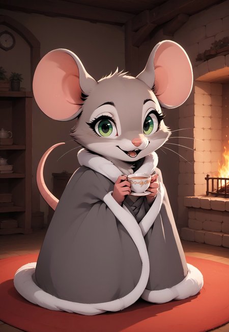 score_9, score_8_up, score_7_up, score_6_up, score_5_up, score_4_up,
[][][][][]
m0use_goldie, cuillu, indoors, (blanket, under covers:0.9), holding teacup, tail, cute, (grey fur, grey ears, green eyes), (look at viewer:1), (open mouth:0.7), fireplace, (tall:1.5)