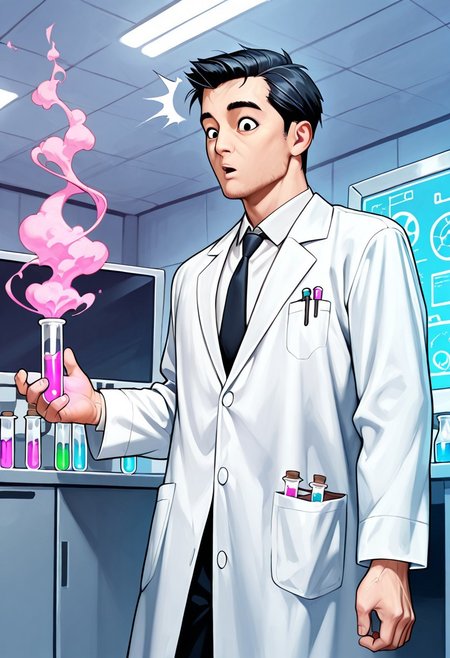 score_9, score_8_up, score_7_up, score_6_up, masterpiece, best quality, detailed eyes, detailed face, photorealistic, 3DMM, (solo, male, masculine, Professor Utonium transformation into fuzzy lumpkins, mid transformation, standing, holding large vial in hand, vial emitting thick pink smoke), (laboratory, beakers filled with different colored liquids, mature, black hair, short hair, black eyes, white shirt, black necktie, lab coat, white lab coat, black pants), (wide open eyes), surprised, confused, coughing