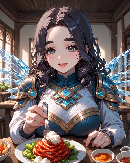 PonyScores7, source_anime, ah1, BREAK 1girl, (curly hair), long hair, (black hair:1.3), mature female, (parted hair:1.7), (round face:1.2), (fringe:-0.5), (bangs:-0.5), (hair between eyes:-0.5),  (thick eyebrows), (curvy), round-chin, (greenish hazel eyes), caucasian, (downturned eyes:1.2), (plump face), <lora:ETO_OCPonyXL:0.5> eto_oc, skindentation, (plump), thick thighs, wide hips, busty, voluptuous, kinky curls, lips, <lora:venus body PonyXL:0.4>,  (<lora:IncomingFood_pdxl_Incrs_v2:0.8> incoming food, holding spoon, pov across table, upper body, gentle smile, open mouth), (Dining Area, Welcoming room with a low table surrounded by cushions for seating, clay dishes filled with food, decorative pottery on display, woven tapestries adorning the walls, and a central hearth for cooking), looking at viewer, (astral Silk wings adorned with runic patterns, mythical sword forged from celestial steel, winged shield emblazoned with a Valknut symbol, raven feathercloak draped over shoulders, Frostforged armor with icy motifs, frosted leggings, helm resembling a snowflake, ice-crystal boots), BREAK <lora:xl_more_art-full_v1:0.2>, <lora:shinyskin2:0.2> glistening skin, <lora:aesthetic_anime_v1s:0.2>, <lora:Expressive_H:0.2> Expressiveh, <lora:hairdetailpxl:0.2> hairdetailpxl, <lora:EpicF4nta5yXL:0.2>, <lora:detailxl:0.2> detailxl, <lora:Fant5yP0ny:0.2>, best quality, amazing quality, best aesthetic, absurdres, <lora:expressive eyes:0.2> expressive eyes, <lora:eyedetailpxl:0.2> eyedetailpxl, illustration, Volumetric_Lighting, ultra-detailed, very aesthetic, intricate details, 8k, masterpiece, best_quality, BREAK (pov), BREAK <lora:Eyes_High_Definition:0.3> EyesHD, Stable_Yogis_PDXL_Positives, AS-Adult, <lora:Complicated fantasy portrait - XL Pony V2.0:0.4>, bad-hands-5,