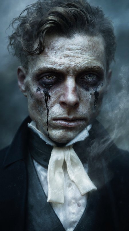 zavy-ghst, translucent figure, ethereal ghost, 

An extreme close-up portrait of a ghostly young groom, dressed in elegant 19th-century attire, evoking a bygone era. His somber expression is filled with despair, his head slightly bowed, as thick black tears stream down his pale cheeks, staining his otherwise flawless, translucent skin. His haunted hazel eyes, glossy with sorrow, stare downward, lost in an eternal grief.

His dark, wavy hair is neatly combed, though slightly disheveled, as if time has weathered his once-pristine appearance. The high-collared Victorian jacket, tailored and formal, is subtly worn, its edges fading into the misty, ethereal glow that surrounds his spectral form. His white cravat is slightly loosened, suggesting a lingering trace of distress from his tragic fate.

The background is blurred and minimalistic, fading into a soft, foggy darkness, enhancing the mystical and melancholic atmosphere. The lighting is soft and moody, with subtle highlights illuminating the contours of his face while deep shadows add dramatic depth. The color palette is desaturated, dominated by cold blues, grays, and faded sepia tones, reinforcing the eerie, timeless quality of this weeping phantom groom.

