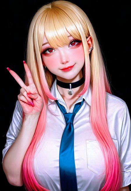 masterpiece, best quality, amazing quality, realistic, 21 year old model, medium breasts,   upper body, (detailed eyes, soft lips, soft skin), closed mouth,   1girl, solo, long hair, looking at viewer, smile, bangs, blonde hair, shirt, red eyes, school uniform, white shirt, upper body, multicolored hair, necktie, choker, collared shirt, nail polish, fingernails, v, gradient hair, black choker, piercing, red nails, pink nails, long fingernails, blue necktie, kitagawa marin  highly detailed, film grain, rim lighting looking at the viewer, curvy, beautiful detailed face, beautiful green eyes, long pink hair, skin pores,    <lora:R3alB3auty_NAI:1.0>,