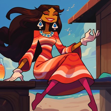 score_9, score_8_up, score_7_up, score_6_up, 1girl, milla vodello, default outfit,  a woman in a multicolored dress levitating in a meditation pose, dark-skinned female, dark skin, long hair, solo, jewelry, earrings, (levitating), ((floating in the air)), ((sitting cross-legged)), (meditation pose), closed eyes, brown hair, yellow skin, gloves, white gloves, red pantyhose, pantyhose, (beach), (wooden pier:0.8), detailed background, happy, <lora:Milla_Vodello_Psychonauts_-_PonyXL:1>  <lora:incase-ilff-v3-4:0.7> <lora:d3p1x3lXLP:0.6> godrays