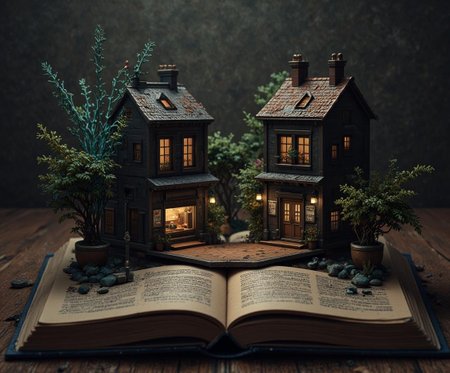 <lora:DD2EB639DDA9100A0A1C74AEC4F9F39DE42BE1D407DD3384A4ECB82EB81B3934.safetensors:1>
In the heart of an open, ancient tome lies a hauntingly beautiful diorama, a microcosm of a world where the organic and the mechanical coexist in a delicate dance. The miniature buildings, each a masterpiece of semi-realistic digital art and anime-inspired design, stand with intricate facades. The houses and a quaint shop are crafted with black, navy, and grey tones, their surfaces etched with fine details: polished metals, aged leather, and fibrous strands that add a tactile richness.
The buildings' lines are clean, yet they are adorned with advanced mechanical features and subtle technological accents. Steel and brass reflect the diffused, directional lighting, casting soft glows and sharp shadows that enhance the depth and reflectivity of the materials. The overall atmosphere is one of tension and precision, with a militaristic or authoritative feel that contrasts with the delicate beauty.
Oversized, whimsical potted plants with tendrils of neon blue and gold stand guard, their vibrant accents popping against the dark, shadowy outlines. The potted plants' leaves and fibers are finely textured, adding a sense of complexity and life to the diorama. The lighting, soft yet directional, creates a dramatic contrast, highlighting the tension and elegance of the meticulously engineered structures. The scene is a symphony of dark, muted tones and vibrant highlights, a fusion of the organic and the mechanical, inviting the viewer to delve into a world of intricate beauty and precision.