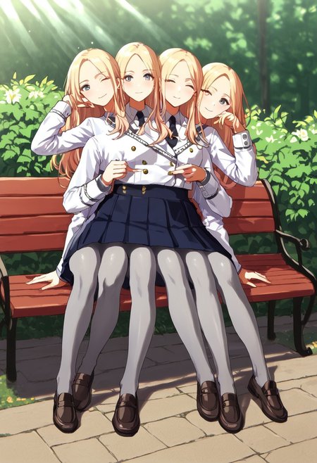 ((1girl)), ((8arms, three heads, six legs, trileg)),  score_9, score_8_up, score_7_up, score_6_up, score_5_up, score_4_up, shiny skin, leg focus, cowboy shot, juosena, (( grey pantyhose)), loafers, fully clothed, casual, sitting on bench, slender legs,  ((one eye closed)), looking at viewer, outdoors, garden, [shadows], light rays, Expressiveh