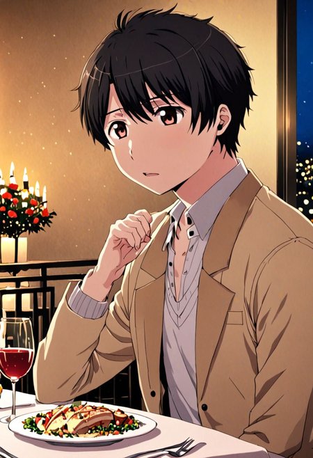 high resolution, solo, best quality, 1Boy, Inaho Kaizuka, Black Hair, dating, romantic, dinner, OverallDetail