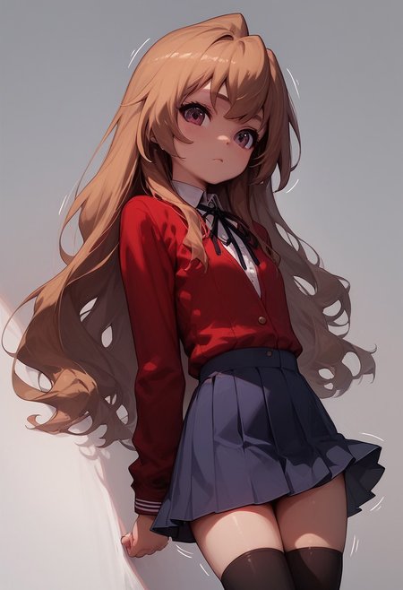 score_9, score_8_up, score_7_up, score_6_up,} {1girl, pretty, cute, (petite, small proportions, small body,) small breasts, aisaka taiga, brown hair, long hair, flat chest, school uniform, red jacket, black thighhighs, pleated skirt, dynamic angle, motion lines