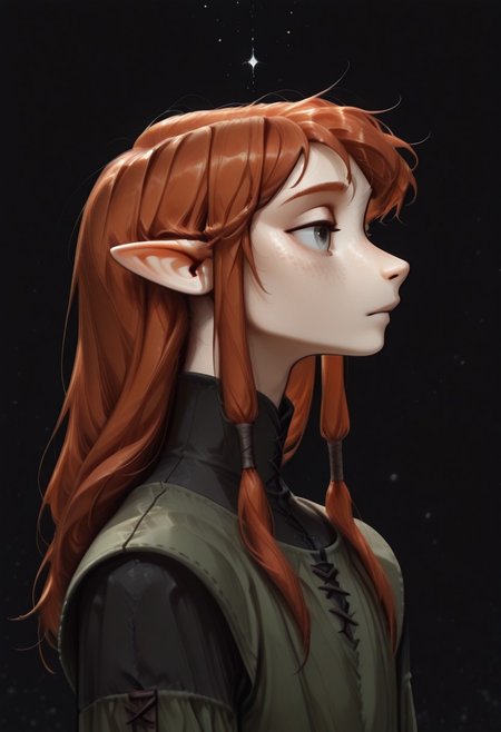 1person, ((Lapanya)), Malgha, freckles, 2 strands of hair sticking up, pointy ears, Long-sleeve black shirt, green tunic,
looking around, floating, weightless, 
Close up, face focus, side view, highly detailed face,
Black background, void background, empty space background,
Source: semi-realistic