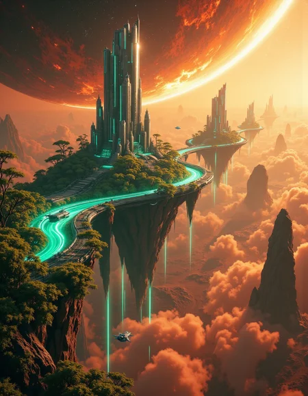 Suspended in the vast expanse of space, a mesmerizing chain of islands drifts serenely in orbit around the red planet, Mars. Each island hovers at a different altitude, their surfaces adorned with lush, emerald foliage that flourishes beneath the glimmering force fields enveloping them like protective shields. The shimmering barriers ripple like liquid light, refracting the harsh glow of distant stars and painting the sky with an ethereal iridescence.
Expansive land bridges connect these celestial wonders, their structures crafted from advanced alloys that gleam under the golden radiance of a nearby sun. Towering skyscrapers, sleek and futuristic, rise like monolithic sentinels from the dense greenery, their crystalline facades pulsing with streams of neon energy. Some seem to touch the heavens, their uppermost floors disappearing into the wisps of cosmic mist that swirl around them.
Above and below, sleek shuttles weave through the intricate pathways of this orbital oasis, descending gracefully toward the Martian surface in choreographed arcs of propulsion and light. Each craft leaves behind a faint, luminescent trail as it navigates through the shimmering force fields, vanishing into the crimson haze that blankets the planet below. The scene is a breathtaking fusion of sci-fi wonder and mystical grandeur, rendered in stunning 8K detail with the magic of Unreal Engine, Octane Render, and the unparalleled realism of ray tracing. It is a vision of a world where technology and fantasy entwine, suspended in the cosmos like an artistâs dream brought to life. <lora:Flux_Detailer_v3:0.8> Jeddtlv3 <lora:Test:0.8> n1t3_du5t