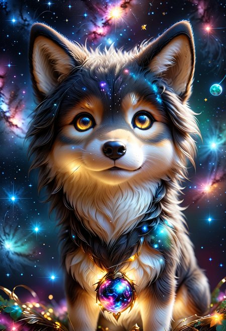 (((videogame_style))), (sharp focus:1.2), lineart, flat color, monochrome, greyscale, depth of field, bokeh, 8k, OLED, 1 baby wulf, being playful, wearing ribbon choker in different colours, different fur, super cute,, The wulf raises its paws towards the viewer, in the galaxy, space wulf flying in the stars,lluminated by the ethereal glow of cosmic lightning, the light is reflecting shadows on the cute animal, for the viewer, it appears alive, as if a glimpse of its inner sparkle is possible, star sky, peacful and grateful atmosphere, painted hearts, magical atmosphere, close up, (((cuteness overload))), <lora:detailed_notrigger:0.9>, zhibi <lora:zhibi:0.8>, <lora:tweak-detail-xl:0.7> <lora:Jed-Cosmos-sdxl:0.7> Jed-Cosmos