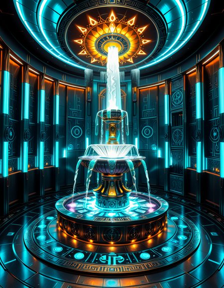 The center of a high-tech, alien temple-laboratory, where dark metallic walls shimmer under the glow of cyan vertical light tubes and faint sacred runes. In the middle of the chamber lies an elaborate biomechanical fountain, rising like an altar from a circular platform of engraved metal. The fountain pulses with iridescent liquid light, flowing in gravity-defying streams that spiral upward before cascading back into a glowing basin etched with ritual patterns. Bioluminescent veins run through the structure, illuminating the surrounding floor like circuitry. Overhead, a radiant, halo-like design casts a celestial glow, enhancing the surreal, sanctified atmosphere. The space exudes a fusion of sacred ceremony and alien technology, as if the fountain were a source of divine power worshipped by another world.
<lora:high-tech_alien_temple_f0unt41n:1>,high-tech alien temple f0unt41n,<lora:SDXLFaeTastic2400:0.4> <lora:extremely_detailed:0.4> extremely detailed, Masterpiece,best quality,hi res,8k,hi res,8k,award winning,(sharp focus, intricate, highly detailed),