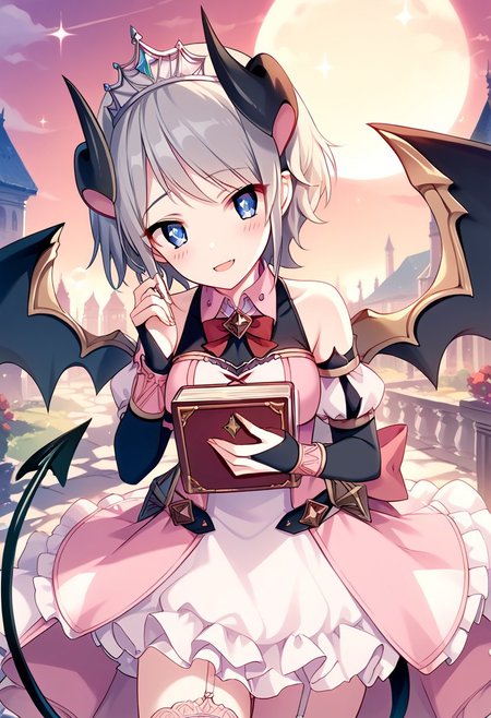 score_9, score_8_up, score_7_up, source_anime, YORI (DEVIL), 1girl, solo, looking at viewer, blush, smile, short hair, open mouth, blue eyes, thighhighs, dress, holding, tail, grey hair, wings, horns, book, garter straps, demon girl, tiara, demon horns, pink dress, demon tail, demon wings, tail ornament
