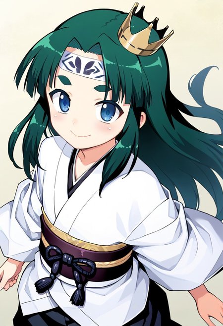 <lora:Tsugumomo-PonyXL-1024px-v1.0:0.8>
1girl, solo, flat chest, short petite, small body, bushy eyebrows, blue eyes, crown, green hair, headband, japanese clothes, kimono, long hair, looking at viewer, sash, skirt, smile, standing, tabi, transparent background, (upper body).