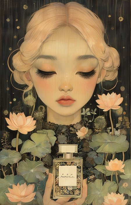 masterpiece,best quality,<lora:tbh280-sdxl:0.9>,illustration,style of Audrey Kawasaki
 A bottle of perfume in garden