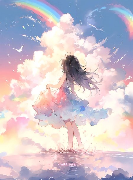 masterpiece, best quality, absurdres, illustration, watercolor, 
1girl, solo, long hair, black hair, dress, skirt hold, wading, sleeveless, barefoot, bare shoulders, standing, from behind, 
outdoors, cloud, sky, bird, water, rainbow,