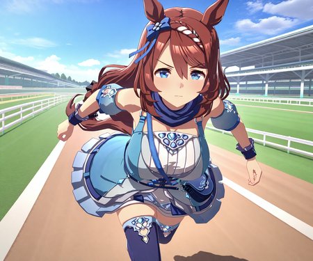 masterpiece, best quality, amazing quality, , 1girl, solo, racetrack, umamusume, running, serious,   <lora:Super Creek in game style 3D ILL-v2:1>  ummsmingame, 3d, super creek \(umamusume\), thighhighs,