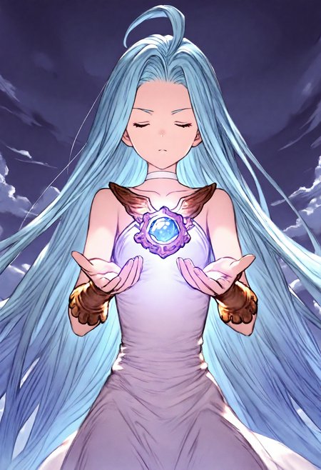 masterpiece, best quality, very aesthetic, absurdres, highly detailed, kyoto animation,
1girl, solo, straight-on, reaching towards viewer, spelling, serious, backlighting, light in hands,
lyria \(granblue fantasy\), very long hair, blue hair, ahoge, closed eyes, white choker, bare shoulders, skinny, small breasts, white dress,
dark sky, cloud, 
<lora:Lyria_Granblue_Fantasy_Illustrious-XL:1>