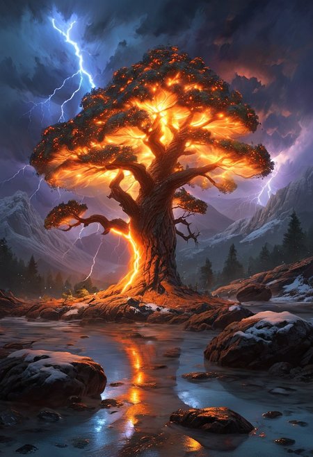 (by Ellen Jewett:1.5), (Fiery orange Bioluminescent Impressionism with lightning, mountain landscape, The Dreamland, Gibson Great  Mountains, rock, sky, giant tree, great grand tree on mountains, great fire, great lightning, scenery, great great magical tree, sunset, sunrise , stream, lightining, snow and ice, ethereal landscapes, depth of field, biotech emotion:1.3) <lora:xl_more_art-full_v1:0.5> <lora:add-detail-xl:1> , ral-wlfnte <lora:RMSDXL_Creative:2>