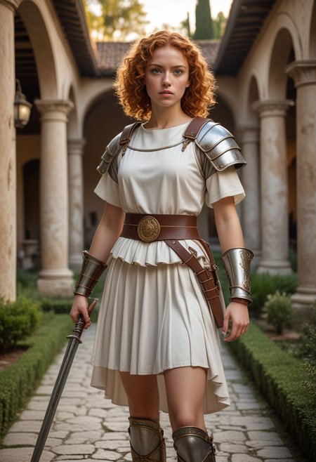 (medium full shot) of (attractive roman soldier) young woman, curly ginger hair, hazel eyes, light skin, slender build,   decurion, wearing Attic helmet with cheek guards, lorica segmentata, white tunic, leather belt with metal plates, iron greaves, caligae, holding short sword with intricate hilt, set in ancient roman empire era,  Villa, grand estate with manicured gardens, mosaic-tiled floors, frescoed walls, servants bustling about, a central courtyard with a fountain , at sunset, surprised, open mouth, running toward the viewer, Masterpiece,best quality, photorealistic, amazing quality, very aesthetic, extremely detailed face,