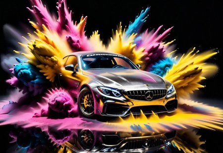 GOLD LIQUID METAL sports car, race car, racing through SILVER LIQUID METAL, liquid metal sprays up from the cars tyres, Car drifting in a black void, huge Colorful Powder Explosion above the car