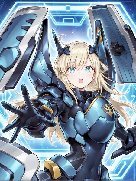 official art,sky striker ace - raye,blue power armor,official alternate costume,mecha musume,1girl,black bodysuit,solo,open mouth,open hand,looking at viewer,floating blue shield,blue armored gloves,blue breastplate,blue headgear,multiple shields,blue honeycomb \(pattern\),upper body, 
masterpiece,best quality,amazing quality,very aesthetic,absurdres,newest,<lora:Sky striker ace - Raye illusXL v1:0.8>,