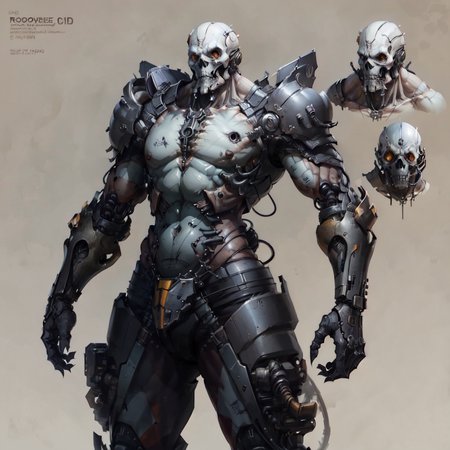 concept art , <lora:cyberdead:.75> robotic body  cyberdead, with skull , grotesque ,