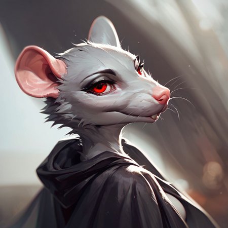 (((beautiful, high quality))), upper Body, score_9, score_8_up, score_7_up, 
ratfolk, furry rat, 1girl, grey fur, red eyes, black cape, 
looking at the viewer, posing, blurred background,