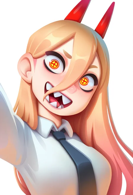best quality, amazing quality, very aesthetic, absurdres,
BREAK
1girl, power \(chainsaw man\), pink hair, blonde hair, red horns, red eyes, cross-shaped pupils, long hair, sharp teeth, hair between eyes, symbol-shaped pupils,
collared shirt, black necktie, long sleeves,
looking at viewer, white shirt, open mouth,
simple background, white background, smile, upper body,   <lora:TomacoSunderlandNoobLocon_byKonan:1>