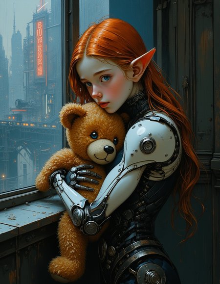 An oil painting of a futuristic young teen elf cyborg girl hugging a soft teddy bear tightly to her chest. She has robotic arms, robotic legs, and standing next the window of a cyberpunk apartment, a futuristic cyberpunk city with neon lights outside her window. Her eyes are blue, her long red hair, and her pale white skin. She has a skinny, petite body, and pointed elf ears. She looks serene, innocent, and childlike. The scene is  melancholic and atmospheric. Oil painting by John Singer Sargent. Focus on the girl, closeup, realistic, shadow and light, Masterpiece, intricate lines, intriguing atmosphere, sharp magnificent details, delicate features, elaborate details, (2\3 rule composition:0.5), ultra detailed, romantic, Rembrandt lighting, brush stroke, lovely, del1cate_balance style, in the style of Rembrandt. vantablack <lora:style_of_Rembrandt_FLUX_135:.8> <lora:- Flux1 - vanta_black_V2.0:.3> <lora:Delicate_Balance:.3>  <lora:neeeg_f1:-1> <lora:BLUE_mk4_angel_FLUX_01:1> <lora:neeeg_f1:-1>