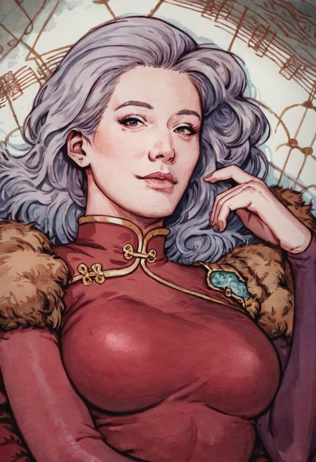 score_9, score_8_up, score_7_up, 1girl, mature_female, large_breasts, portrait, solo, looking_at_viewer, Lying on the side, resting on elbow, atmospheric_perspective, (Blue-violet chinese clothes), Gray hair, upper_body, rating_safe, <lora:pony\artist_styles\erich_hartmann_pony:1.0>