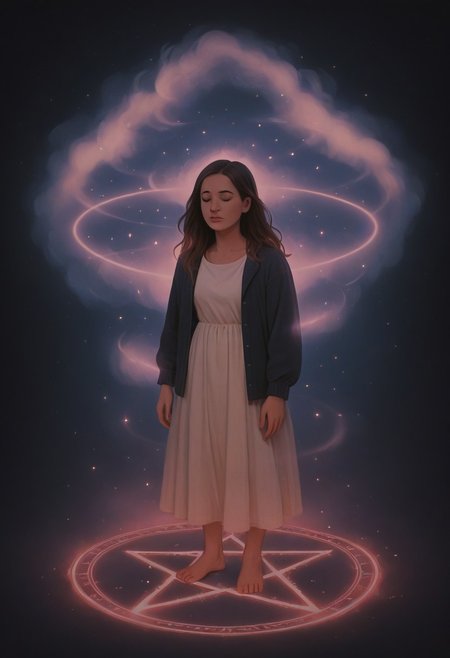 (score_9, score_8, score_7), masterwork, masterpiece, best quality,magicaura, 1girl, standing inside glowing pentagram circle, surrounded by spiraling magical aura, glowing particles, soft lighting, magical transformation effect, soft pastel tones