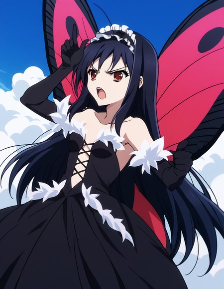 score_9, score_8_up, score_7_up, source_anime, <lora:accelworld-kuroyukihime-s1-ponyxl-lora-nochekaiser:1>, kuroyukihime, long hair, black hair, red eyes, antenna hair,, gloves, dress, bare shoulders, hairband, wings, elbow gloves, butterfly wings, black dress, center opening, collarbone, long skirt, frills, headdress, black headdress,, laundry day, clothesline, drying clothes, domestic life, fresh air, blue sky, , <lora:horns-pose-ponyxl-lora-nochekaiser:1>, horns pose, index fingers raised, angry, steam, open mouth, shouting, anger vein,, looking at viewer, solo,, dutch angle, cowboy shot