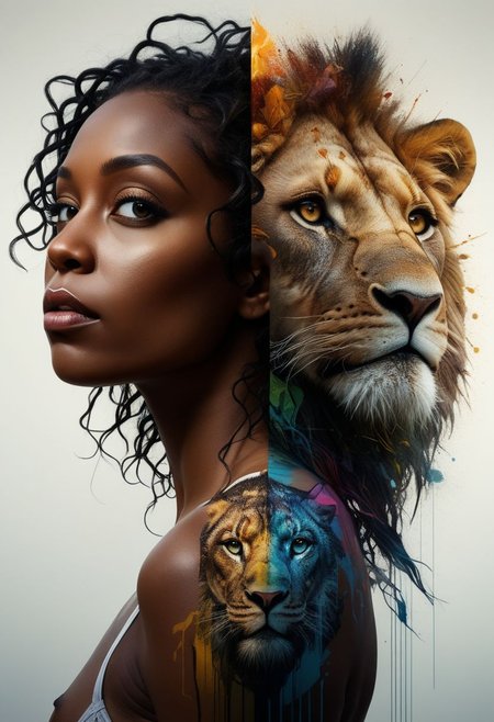 mysterious silhouette of an exotic coloured woman side by side with a lion, in african savannah, goddess, alluring, by Minjae Lee, Carne Griffiths, Emily Kell, Steve McCurry, Geoffroy Thoorens, Aaron Horkey, Jordan Grimmer, Greg Rutkowski, amazing depth, double exposure, surreal, geometric patterns, intricately detailed, bokeh,  perfect balanced, deep fine borders, artistic photorealism , smooth,  great masterwork by head of prompt engineering   <lora:add-detail-xl:2>  <lora:Double_Exposure:0.5>