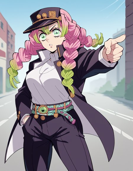 score_9, score_8_up, score_7_up, source_anime, <lora:mitsuri-kanroji-anime-ponyxl-lora-nochekaiser:1>, mitsuri kanroji, braid, gradient hair, green eyes, green hair, long hair, mole, mole under eye, multicolored hair, pink hair, twin braids, two-tone hair, large breasts, <lora:kujo-jotaro-cosplay-ponyxl-lora-nochekaiser:1>, kujo jotaro cosplay, kujo jotaro (cosplay), gakuran, cosplay, belt, black headwear, black jacket, black pants, high collar, multiple belts, pants, shirt,, street, jojo pose, pointing, hand in pocket, cowboy shot, looking at viewer,