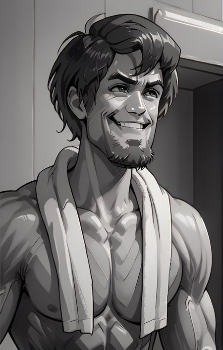 <lora:gigachad:1>,  <lora:ShaggyRogers:1>,  gigachad, muscular, monochrome, facial hair, Shaggy Rogers, hight details, masterpiece,  <lora:Eyes_High_Definition:1>, no shirt, towel hanging on neck, small one sided grin,