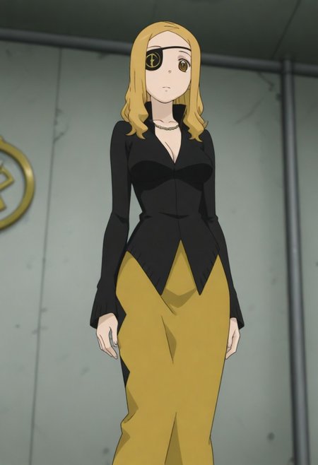 masterpiece, best quality, amazing quality, 1girl, solo,,, shiny skin,,,<lora:Marie_Mjolnir:1>mmjolnir, blonde hair, long hair, brown eyes, right eyepatch,, cleavage, necklace, black dress , gold skirt, long skirt, long sleeves, jewelry,