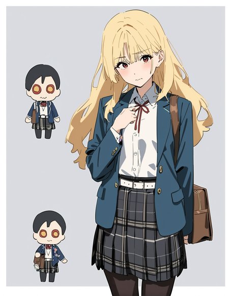 1girl, 
kamo kamen, 
arm at side, black pantyhose, skirt, belt, long hair, blonde hair, character doll, blue jacket, cowboy shot, wavy mouth, doll, brown bag, standing, plaid skirt, grey background, jacket, white shirt, white border, pantyhose, bag, solo, border, closed mouth, character charm, open clothes, red eyes, collared shirt, white belt, looking at viewer, open jacket, holding, shirt tucked in, long sleeves, blush, black skirt, shirt, outside border, buttons, school bag, pleated skirt, plaid, school uniform, charm \(object\), holding doll, hand up, blazer, 
masterpiece, best quality, newest
 <lora:kamo_kamen_image373_2024-03-28_a31:1>