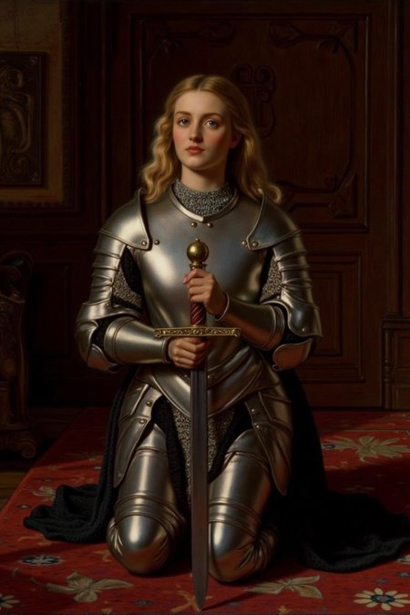 williamhhunt1 painting. 
A young woman, facing directly at the viewer, is dressed in polished medieval armor, kneeling in a dimly lit, richly paneled room. she is holding a broadsword with both hands.
She gazes upward with a contemplative expression, her blonde, shoulder-length hair cascading down her back. 
  <lora:williamhhunt1_cap_d6a3e9:1.0><lora:838094930304973821:0>