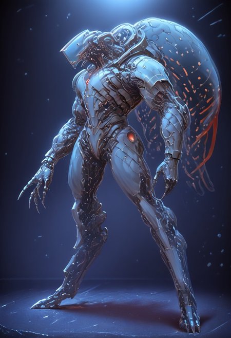 fallen empire technology , blank metallic face((( robot)))(stunning, magnificent, HD, photorealistic, dramatic lighting, intricate details, armor intricate patterns, realistic , mythical, legendary, powerful, cinematic,, masterpiece, perfect anatomy, perfect composition, perfect hand, (beautiful detailed eyes:1.2), (soft colors)) , glowing red core right on chest armor, armor highly detailed patterns on armor),  , full body fits into the image, full body visible, ), claws, gauntlet, digital illustration of a futuristic, armored humanoid figure. The subject is dressed in a highly detailed, dark, and bulky exosuit with intricate mechanical components and white accents. The suit features various textures and layers,((dead space)))futurenijiimadness, mass effect game, science fiction, lens flare, slightly long neck, big cables on body, robot, big cables on body<lora:ECHANIS:0.8>digitigrade, male