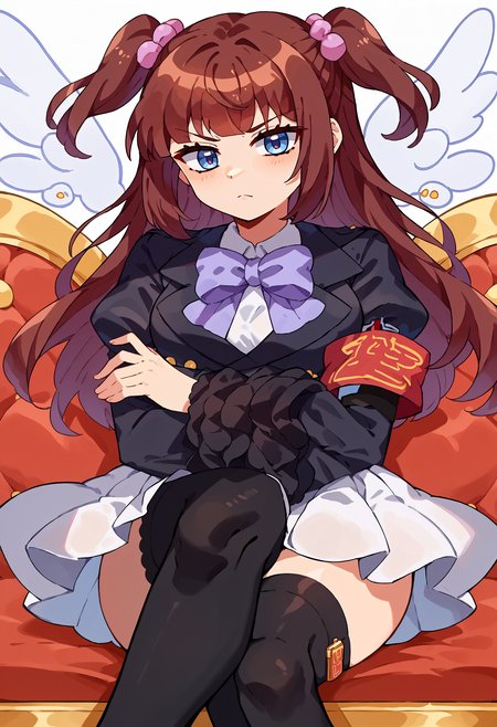 score_9, score_7_up, source_anime, BREAK  <lora:Ange 4:1> Ange, brown hair, two side up, blue eyes, white shirt, purple bow, black jacket, single armband, black belt, white skirt, frilled sleeves, black thighhighs, crossed legs, crossed arms, solo, <lora:Momoiiroo_Art_Style_PonyXL:1> momoiiroo,
