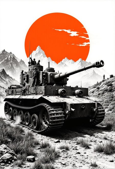 A graphic illustration, in black and white, of a terrestrial mountain landscape with a bright orange sunset. 1 German tiger tank with camouflage bushes, escorted by infantry 
 <lora:Dieselcore:0.7> d1eselc0re <lora:Glitchcore_Flux:0.4> gl1tchc0re