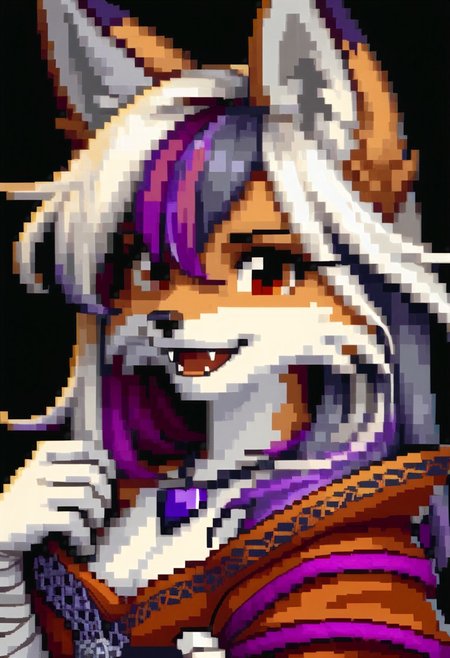 score_9, score_8_up, score_7_up, source_furry, fe4portraits, portrait, white background, pixel art,   source_furry, fox girl, sfxm, anthro, female furry, fox, fox tail, fox ears, body fur, fluffy, paws, tunic, cape, scarf, heart-shaped pendant,  bandages, red eyes, open mouth, fangs, (red hair, (violet highlights:2)),