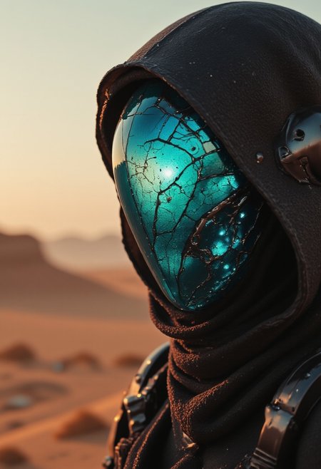 ArsMovieStill, 50s Noir Movie Still, A surreal cyberpunk setting under a gritty bleaked beige and pink/orange desert sunset, a Closeup Portrait of an eerie sci-fi ghostly scout with billowing octopus backpack Luke Long tendrils Made of technical cyberpunk parts in a sandstorm, their holographic crystalline mask glinting like shattered rainbows. Iridescent black dark-blue teal energy veins pulse across their form. The atmosphere is thick with heat distortion, glowing particles floating in the air. dark atmospheric lighting, intricate Closeup with atmospheric lighting and volumetric backlight Haze,