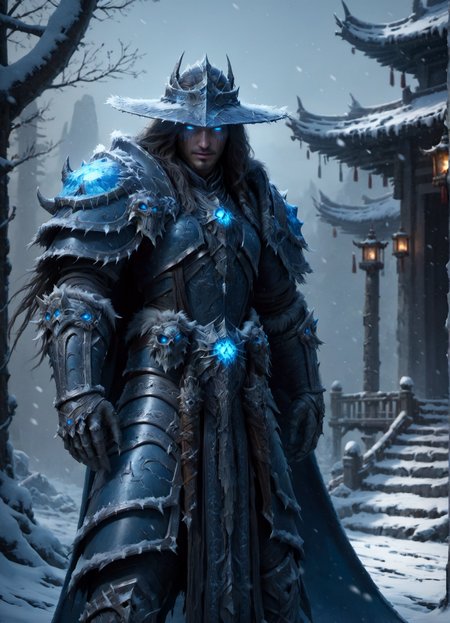 solo, half shot, detailed background, detailed face, (imperial chinese theme:1.1), explorer, exploring,  determined, frayed leather clothes, rolled up sleeves, wide brim hat,  holster, parchment scroll,  dark cave background, spiderwebs, flickering flames,   cinematic atmosphere,,The Forest of Mirrors: A place where reality is distorted and nothing is as it seems(hyperdetailed photography:1.3),Epic,awardwinning,masterpiece,beautiful detailed dress,dawn,blue glowing eyes,world of warcraft style,raytracing,octane render,sharp focus,35nm dof,bokeh,Trending on artstation,deathknight style,<lora:add-detail-xl:1>,deathknight style,snowing,<lora:deathknightsyleXL_v1-step00000400:0.8>