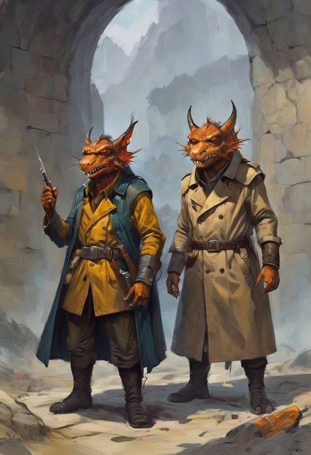 3 kobolds in a trench coat, the kobolds are disguising themselves by hiding in a trenchcoat, fantasy art, art, oil painting, digital painting