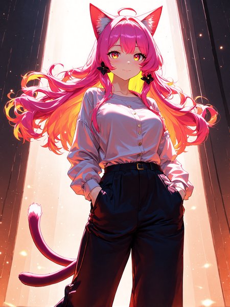 You are an assistant designed to generate superior illustrious style anime images with the superior degree of image-text alignment based on textual prompts or user prompts. <Prompt Start>  
1girl, solo, cinematic lighting, glowing, volumetric lighting, detailed background, A slender girl with cat ears, small breasts, cat eyes, tail, (long curly hair) low messy bangs, side fringe hair, vibrant pink hair with glowing orange highlights, wears a Shirtwaist and Straight-leg pants, pink and black aesthetic, cameltoe, dynamic-shot, very detailed eyes, perfect eyes, symmetrical eyes,

