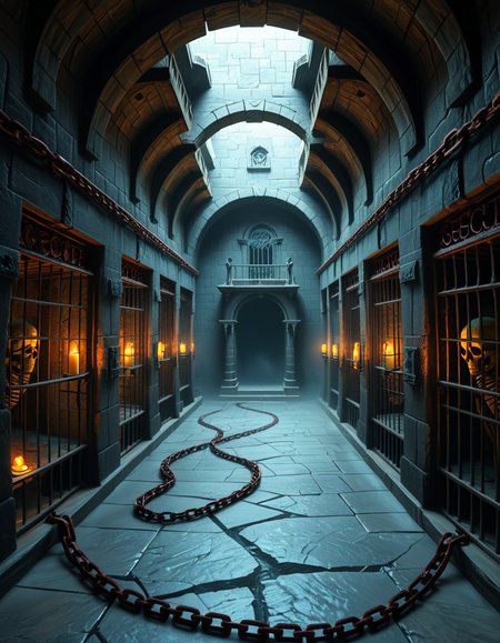 Deep within the necromancerâs fortress lies the Cell Block of the Damned, an endless crypt of imprisonment where no living beings resideâonly echoes of suffering and the restless remains of those long forgotten. The architecture is grotesque and unnatural, a fusion of blackened stone, rusted iron, and calcified bone, as if the walls themselves were formed from the fused remains of the dead. The air is cold, stale, and thick with an unnatural mist that coils like spectral fingers along the cracked floor.
Endless rows of iron-barred cells line the cavernous chamber, their interiors cloaked in unnatural darkness. Some cells contain skeletal figures, shackled in rusted chains, their hollow eye sockets glowing faintly with eerie green or crimson light. Others house shadowy wraiths, their indistinct forms flickering like dying embers, bound by ancient runes etched into the very fabric of the stone. A few cells appear completely empty, yet whispers emanate from withinâechoes of prisoners that no longer exist, but whose agony remains imprinted upon reality itself.
The walls pulse faintly, veins of necrotic energy coursing through their surface, feeding upon the despair and suffering trapped within. Chains dangle from the ceiling, some still swinging slightly as if disturbed by unseen forces. Along the floor, pools of black ichor seep from cracks in the stone, shifting unnaturally as if alive, swallowing anything that lingers too long.
At the heart of the chamber stands a monolithic iron cage, its bars twisted and gnarled, as though shaped by something with no regard for natural law. Inside, a shifting mass of bone, spectral energy, and dark mist writhes in eternal torment, its presence a gravitational wound in reality itself. The cage hums with an ominous resonance, its locks sealed with infernal sigils that glow with unholy fire, ensuring that whatever lurks within remains containedâfor now.
Above, an ancient stone archway looms, inscribed with ever-changing runes that bleed a slow, black liquid. Beyond it, the corridor stretches endlessly, shrouded in a choking fog where shapes move in the distance, watching, waiting. No footsteps ever echo in this place. No voices call out. Only the whispers of the forgotten, the endless creaking of rusted metal, and the sensation that somethingâsomething old, something hungryâis always watching.
This is not a prison.
It is a tomb for souls, a place where the dead are left to fester, to wither, and to become something else.
Style & Mood :
- Dark fantasy, gothic horror, necromantic aesthetics
- Cinematic, highly detailed, eerie lighting
- Infernal atmosphere, filled with shadows, glowing runes, and spectral entities
- Inspired by the works of ZdzisÅaw BeksiÅski, H.R. Giger, and dark medieval occultism
 <lora:SDXLFaeTastic2400:0.4> <lora:extremely_detailed:0.4> extremely detailed,<lora:necromancer_c3ll_bl0ck:1>,necromancer c3ll bl0ck, Masterpiece,best quality,hi res,8k,hi res,8k,award winning,(sharp focus, intricate, highly detailed),