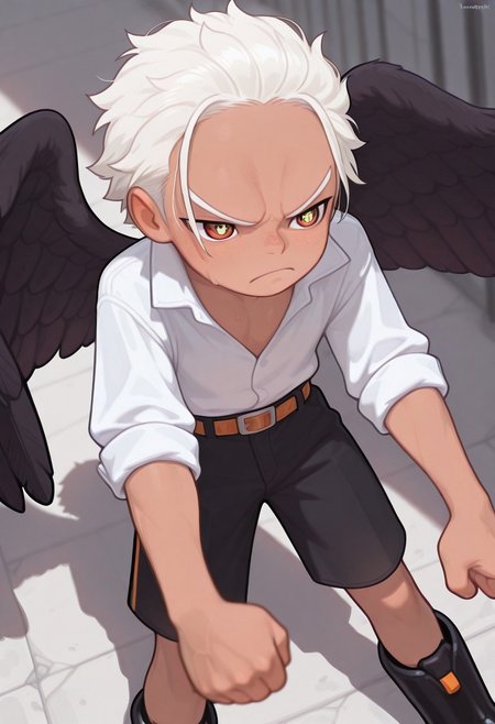 masterpiece, absurdres, high quality, perfect anatomy, 1boy, solo, cute boy, male focus, SHawk, White Hair, Orange Eyes, ((Star Shaped Pupils)), Tan Skin, Black Wings, White Shirt, Sleeves Rolled Up, Black Shorts, Belt, Black Boots, scowl, cinematic, intricately detailed illustration, depth of field, masterpiece, best quality, amazing quality, very aesthetic, absurdres, newest, very awa,  shadow, dynamic angle, casual cosplay, dynamic pose, Lustedcomplex